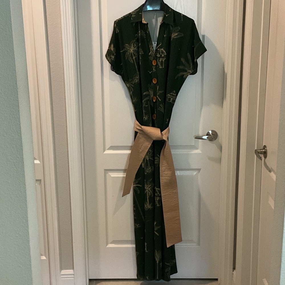 Designer Elegant Green Dress with Tan Accents